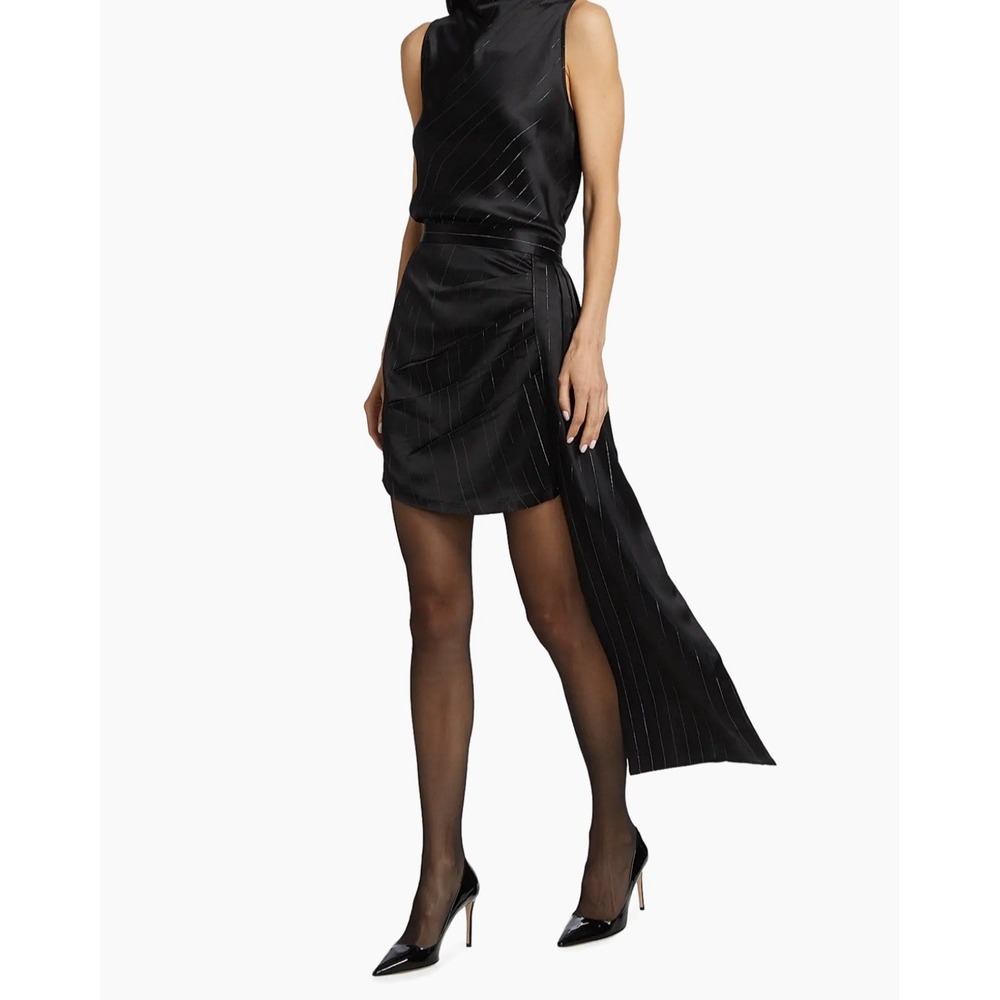 NONCHALANT LABEL Viola Satin Mini Skirt Large Black Silver Stripe Long Draping‎